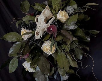 Dark Gothic Wedding Bouquet: Custom Witchy Bridal Flowers Skull Crystal Black Flowers