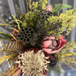 Dark Gothic Bridal Bouquet: Black Dried Flowers, Deep Red Protea