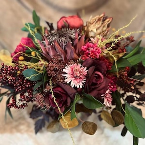 Dark + Moody Wedding Bridal Bouquet Goth Gothic Alternative Crystals Deep Red Roses Black-Burgundy Leaves Large Unique Wildflowers Protea