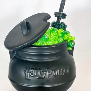 May include: Black ceramic cauldron with a lid, filled with green slime and a black wand with green gem rings. The cauldron has the words "Harry Potter" embossed on the side.