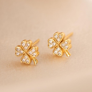 Pair of Pave Clover Stud Earrings,Tiny Diamond Earrings,Minimalist Silver Earrings,Dainty Prom Jewelry,Lucky Gift for Her (E0181)