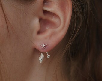 Seashell Starfish Ear Jacket Earrings in Sterling Silver