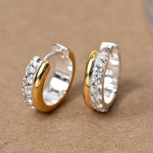 Mixed Metal Pave Hinged Hoop Earrings,Double Huggie Earrrings,Two Tone Earrrings,Minimalist Silver Jewelry,Trendy Gift for Her (E0133)