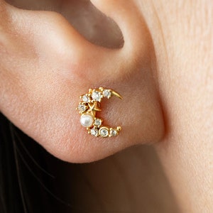 Pair of Half Moon Stud Earrings,Diamond&Pearl Crescent Moon Earrings,Dainty Celestial Earrings,Minimalist Silver Jewelry,Jewelry Gift(E0070)