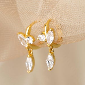 Dangly Marquise Diamond Drop Earrings,Dainty Diamond Huggie Hoop Earrings,Vintage Jewelry,Silver Bridal Jewelry,Girlfriend Gift (E0158)