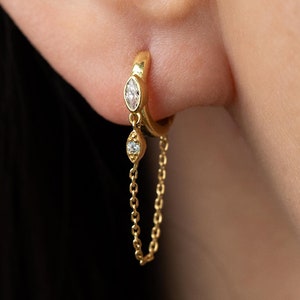 Boucles d'oreilles pendantes Huggie avec chaîne en argent sterling, créoles marquise diamants, boucles d'oreilles chaîne, bijoux minimalistes, cadeau de Noël (E0079)