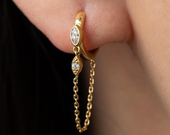 Dangling Chain Huggie Earrings in Sterling Silver,Marquise Diamond Hoop Earrings,Chain Earrings,Minimalist Jewelry,Christmas Gift (E0079)
