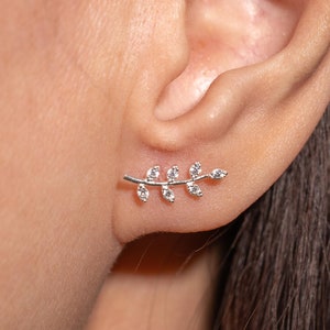 CZ Leaf Crawler Earrings with Post in Sterling Silver, Olive Branch Climber Earrings,Dainty Crystal Leaf Earrings,Gift for Her(E0036)