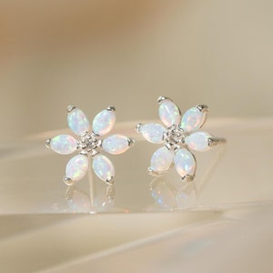 White Opal Flower Stud Earrings,Dainty Flower Earring,Elegant Opal Jewelry,Silver Floral Jewelry,Anniversary Gifts,Gift for Mom (EC3145)