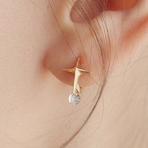 Star Huggie Hoops with a Dangling Diamond,Drop Earrings,Dainty Star Earrings,Minimalist Earrings,Celestial Jewelry,Gift For Her  (EC3053)