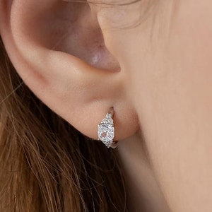 Classic Diamond Huggie Hoop Earrings • Dainty Square Radiant Hoop Earrings • Sterling Silver Minimalist Jewelry •Gift for Her (EC3173)