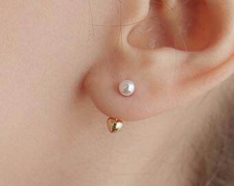 Sterling Silver Pearl&heart Ear Jacket Earrings,dainty Pearl