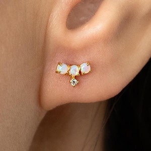 Pair of Opal&Diamond Stud Earrings,Dainty Opal Earrings,Minimalist Opal Jewelry,Sterling Silver Jewelry,Mother&#39;s Day Gift (E0132)