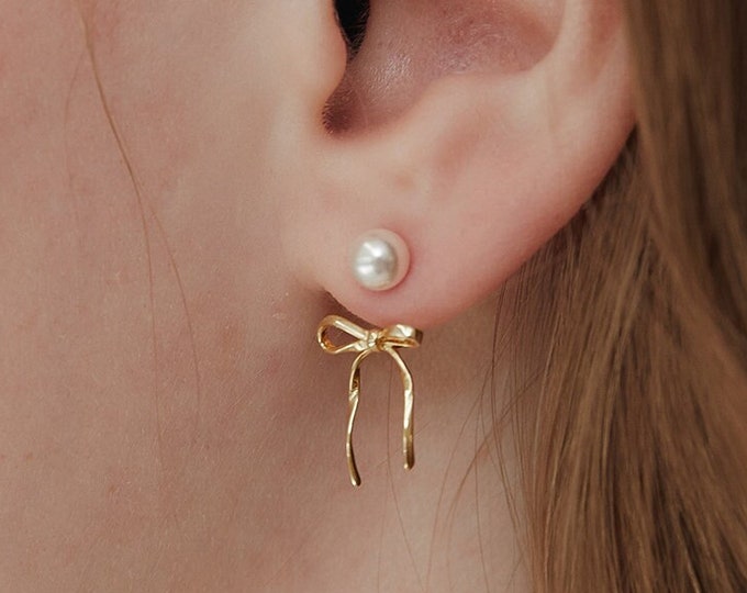 Bow Pearl Huggie Earrings