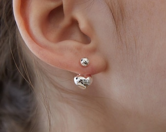 Mini Ball and Puff Heart Ear Jacket Earring, Bubble Heart Front Back Earring, Celestial Ball Stud Earring, Gift For Her (EC1966)