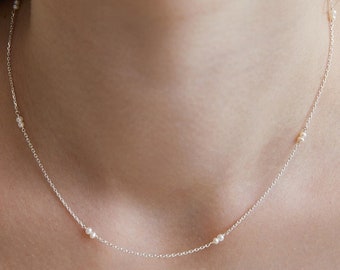 Tiny Natural Pearl Station Necklace,Dainty Layering Necklace,Fresh Water Pearl Necklace,Silver Minimalist Jewelry,Bridesmaid Gift (NZ2411)
