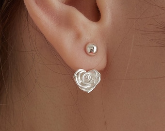 Pendientes de chaqueta de oreja de corazón de flor de rosa, chaquetas de oreja de corazón de rosa, pendientes traseros delanteros de bola romántica y corazón, regalo para ella, regalo de mamá (EC3065)