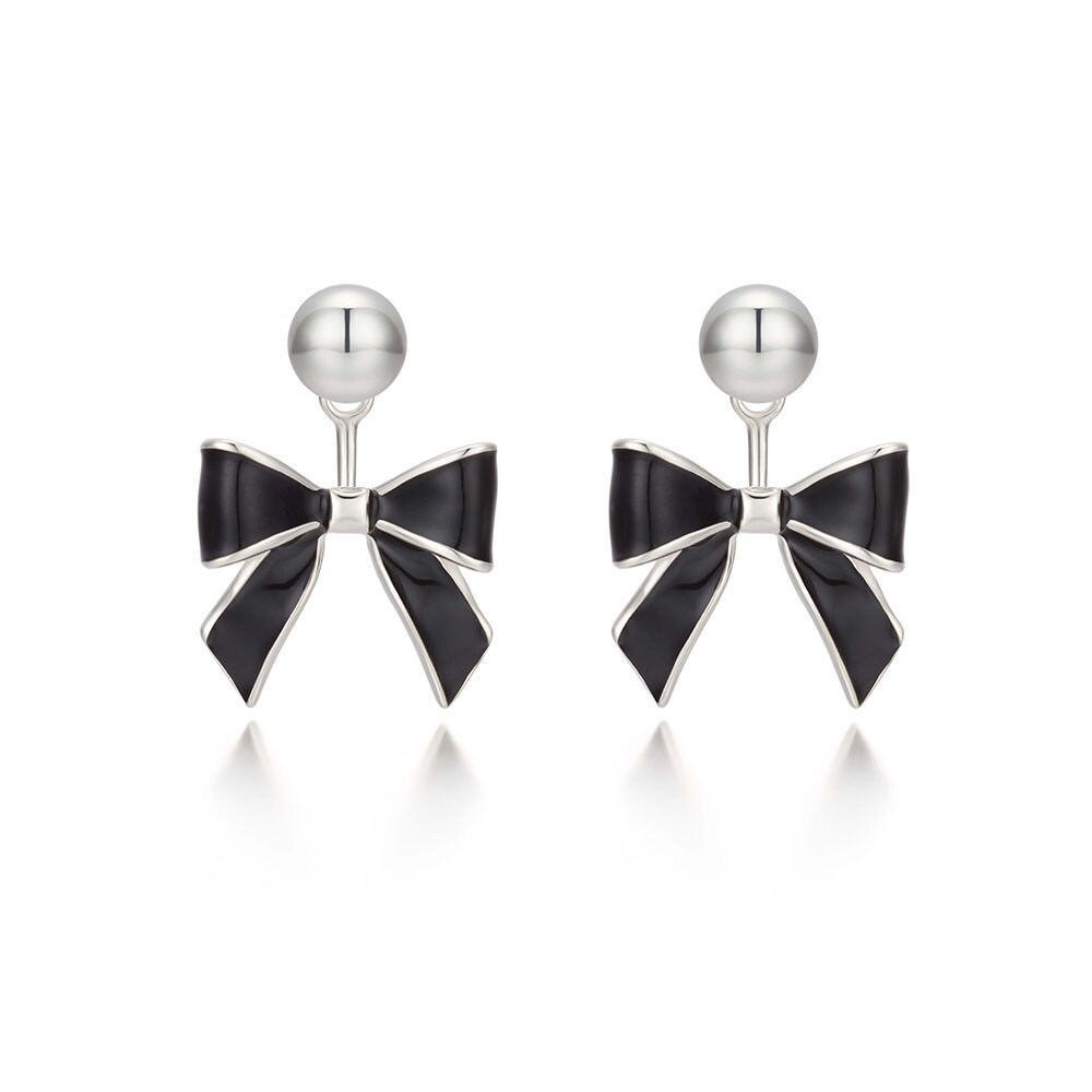 【TATIANA】Black Party Ribbon EarJacket Earring EC3076 Black Enamel Bow Ear Jacket Earrings, Modern Ribbon Earrings