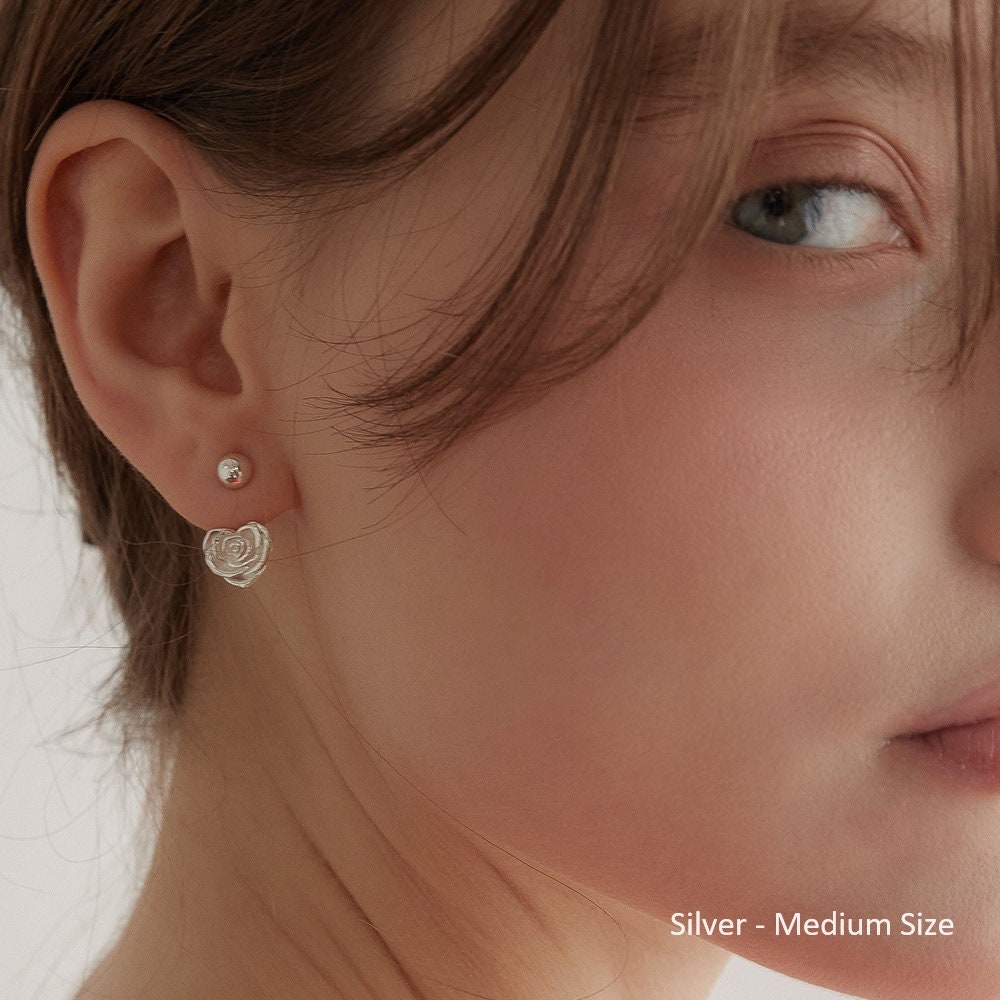 TATIANA■(silver925) rose flower heart earjacket earring Sterling Silver Flower Ear Jacket Earrings, Dainty Heart