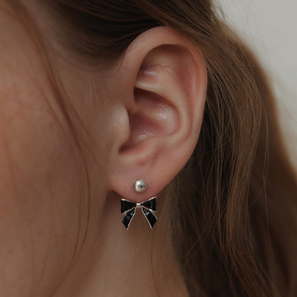 【TATIANA】Black Party Ribbon EarJacket Earring EC3076 Black Enamel Bow Ear Jacket Earrings, Modern Ribbon Earrings