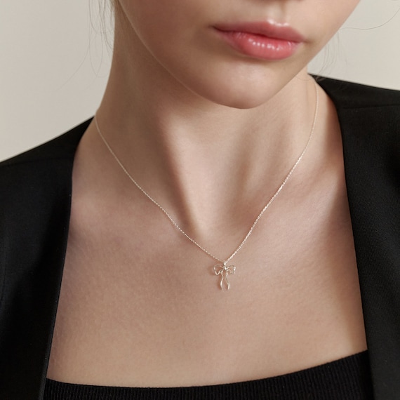 Sterling Silver Dainty Bow Necklace, Bow Pendant Necklace