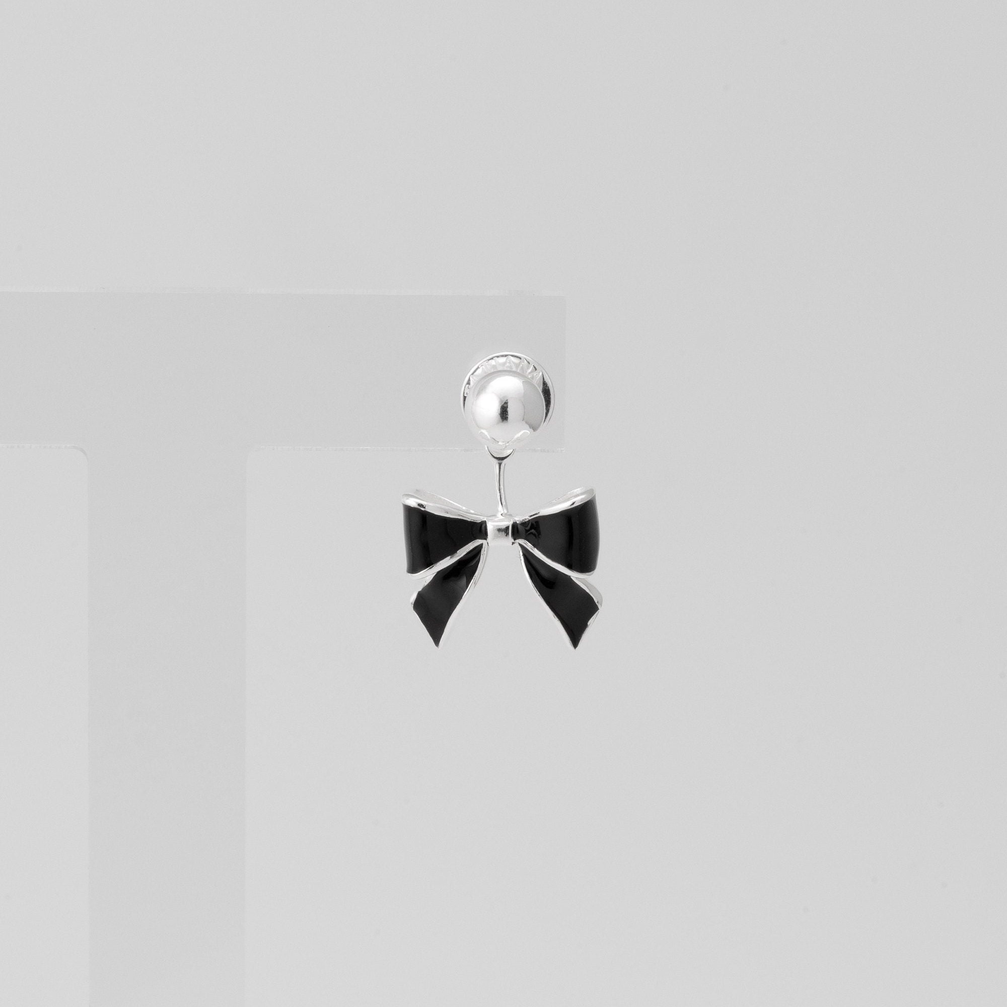 【TATIANA】Black Party Ribbon EarJacket Earring EC3076 Black Enamel Bow Ear Jacket Earrings, Modern Ribbon Earrings