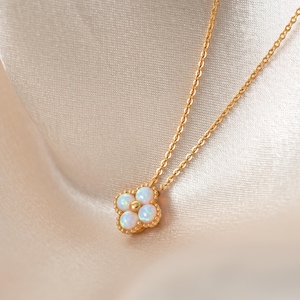Clover Opal Charm Necklace, Lovely Opal Bead Necklace, Lucky Necklace, Flower Gemstone Jewelry in Sterling Silver, Gift for Friend (N0025)