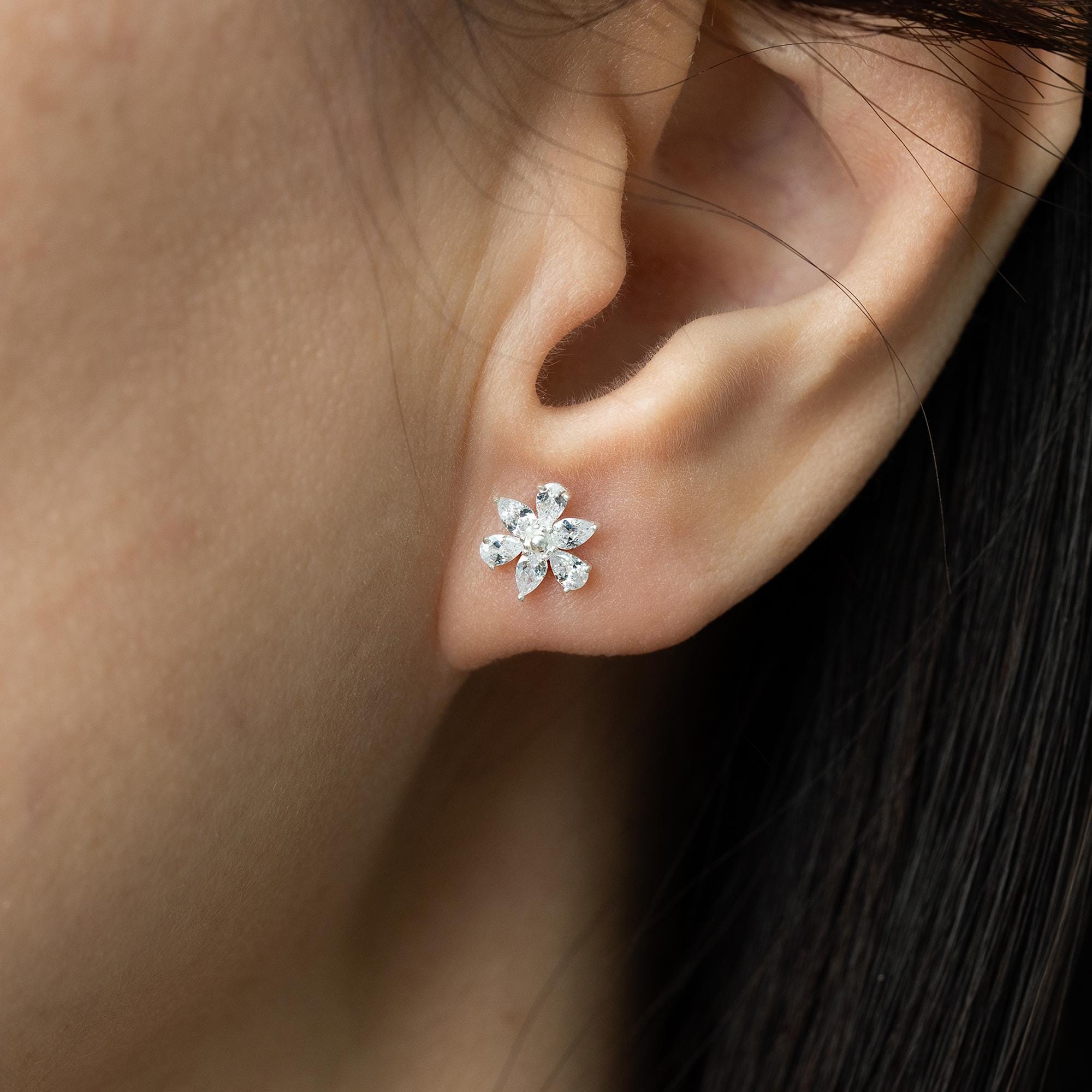 Pear Shape Diamond Flower Stud Earrings in Sterling Silver