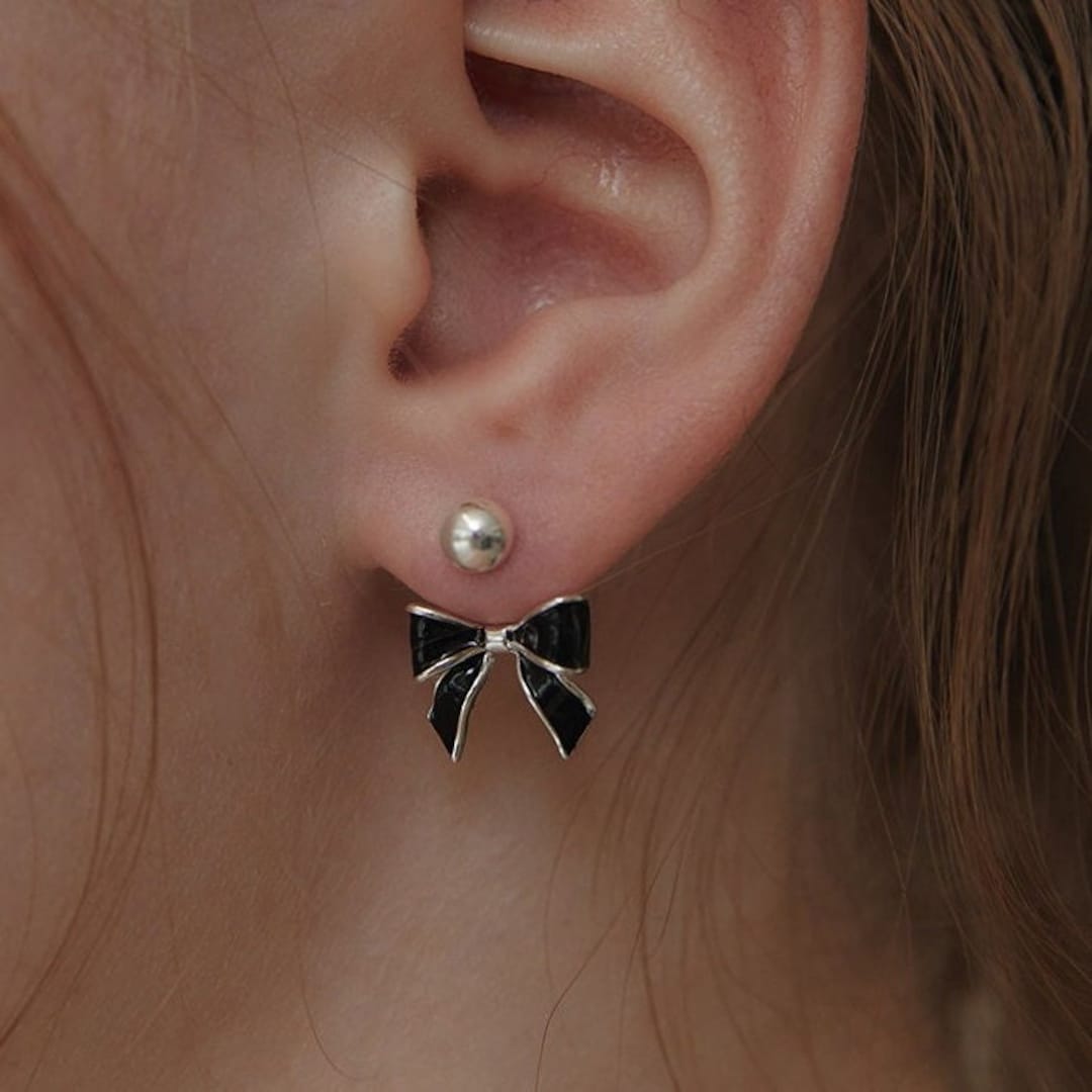 【TATIANA】Black Party Ribbon EarJacket Earring EC3076 Black Enamel Bow Ear Jacket Earrings, Modern Ribbon Earrings