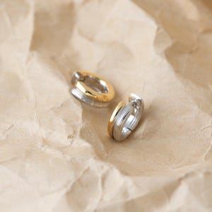Dainty Two Tone Hinged Huggie Earrings,Minimalist Mixed Metal Hoop Earrings,Two Tone Earrrings,Silver Jewelry,Trendy Gift for Her (E0134)