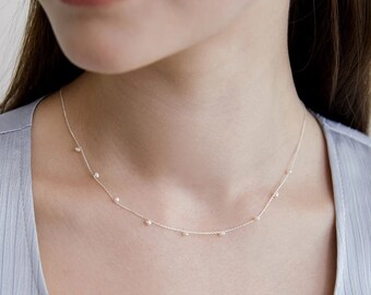 Dainty Fresh Water Pearl Station Neckace,tiny Pearl