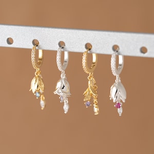 Birth Flower&Birthstone Charm Earrings,Custom BirthMonth Necklace,Flower Dangle Charm,Personalized Birthday Jewelry,Mothers Day Gift (E0194)