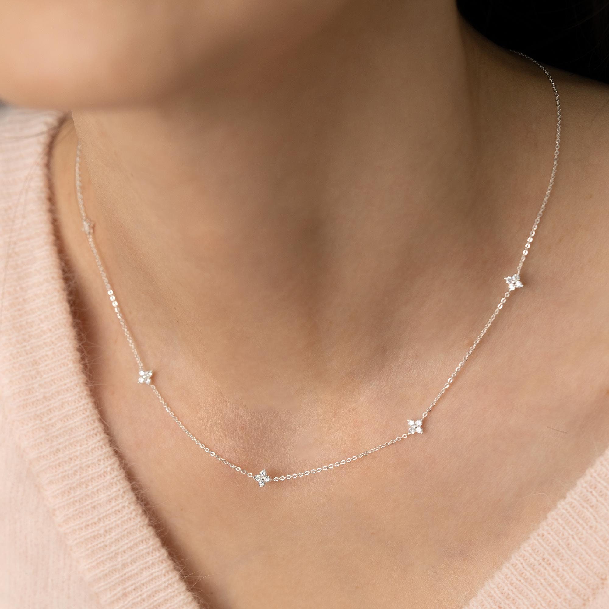 Diamond Hydrangea Flower CZ Station Necklace,Dainty Floral Necklace,Sterling Silver Satellite necklace,Minimalist Diamond Jewelry (N0012)