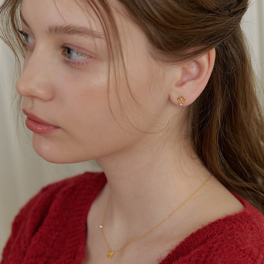 Pretzel Heart Pearl Earrings, Tiny Love Knot Earrings