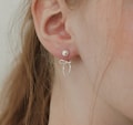 Dainty Swarovski Pearl& Bow Ear Jacket Earrings,Pefect Prom Earrings,Pearl Ribbon Earrings,Minimalist Silver Jewelry,Gift for Her (EC3077)