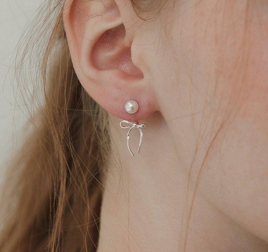 ピアス [SILVER925] Ballerina Ribbon Pearl EarJacket Earring Sterling Silver Ballerina Pearl Ear Jacket Earrings,silver