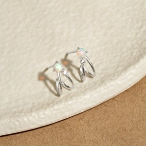 Pair of White Opal Earrings with a CZ,Dainty Opal Jewelry, Silver Jewelry, Hoop Earrings, Minimalist Earrings, Perfect Gift For Her (E0006)