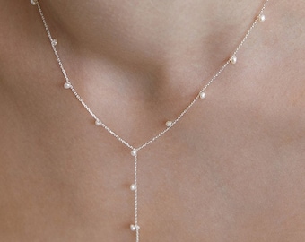 Fresh Water Pearl Lariat Necklace,Natural Pearl Station Necklace,Long Layering Y Necklace,Silver Pearl Jewelry, Gift for Her (NZ2420)