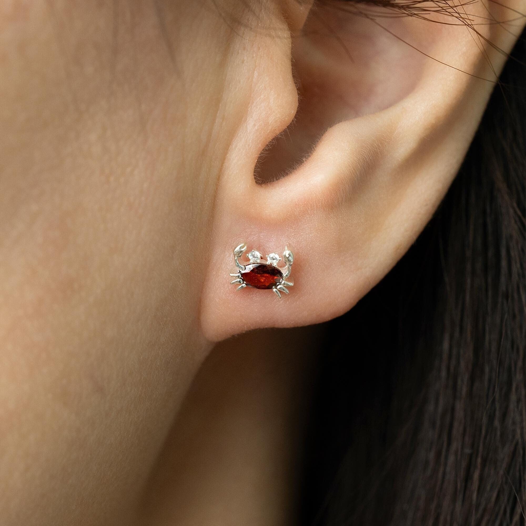 Cutie Crab Stud Earrings,Reb CZ Crab Earrings,Fun Animal Earrings,Minimalist Earrings,Silver Jewelry,Beach Jewelry,Gift for Girls (E0104)