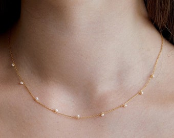Dainty Fresh Water Pearl Station Neckace,tiny Pearl