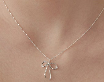 Sparkling CZ Bow Pendant Necklace, Stylish Ribbon Tie Charm Necklace, Dainty Stering Silver Chain, Everyday Elegance, Gift for Her (NZ2182)