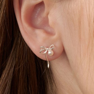 Dainty Bow Stud Earrings with Swarovski Pearl, Elegant Bow Earrrings, Perfect Bridal Jewelry, 925Silver Jewelry,Gift for Her (EC3085)