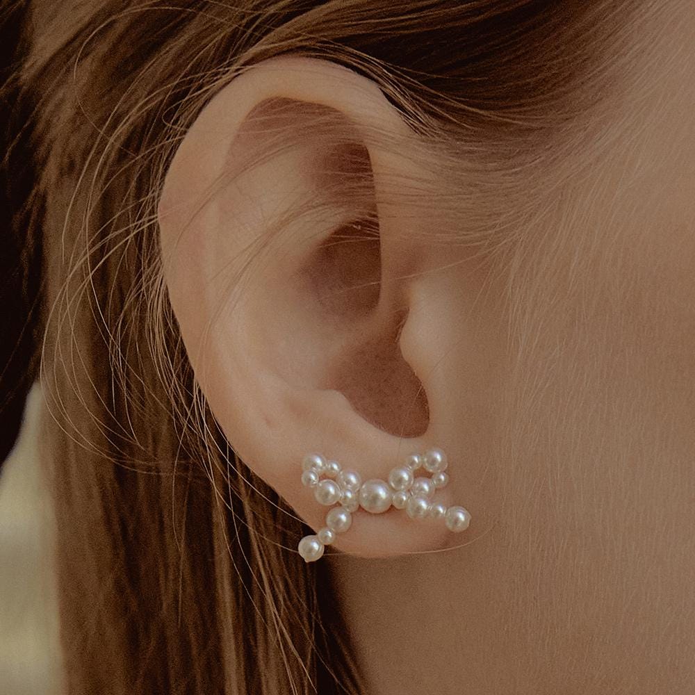 【TATIANA】Lovely Pearl Ribbon Earring Lovely Pearl Bow Earrings,dainty Ribbon Earrings,beaded