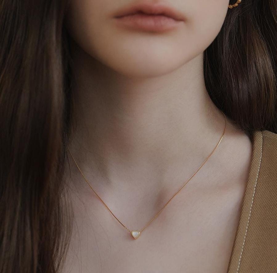 【TATIANA】(Silver925)Mother of Pearl Heart Pendant Necklace Mother of Pearl Heart Pendant Necklace,pearl Heart Necklace