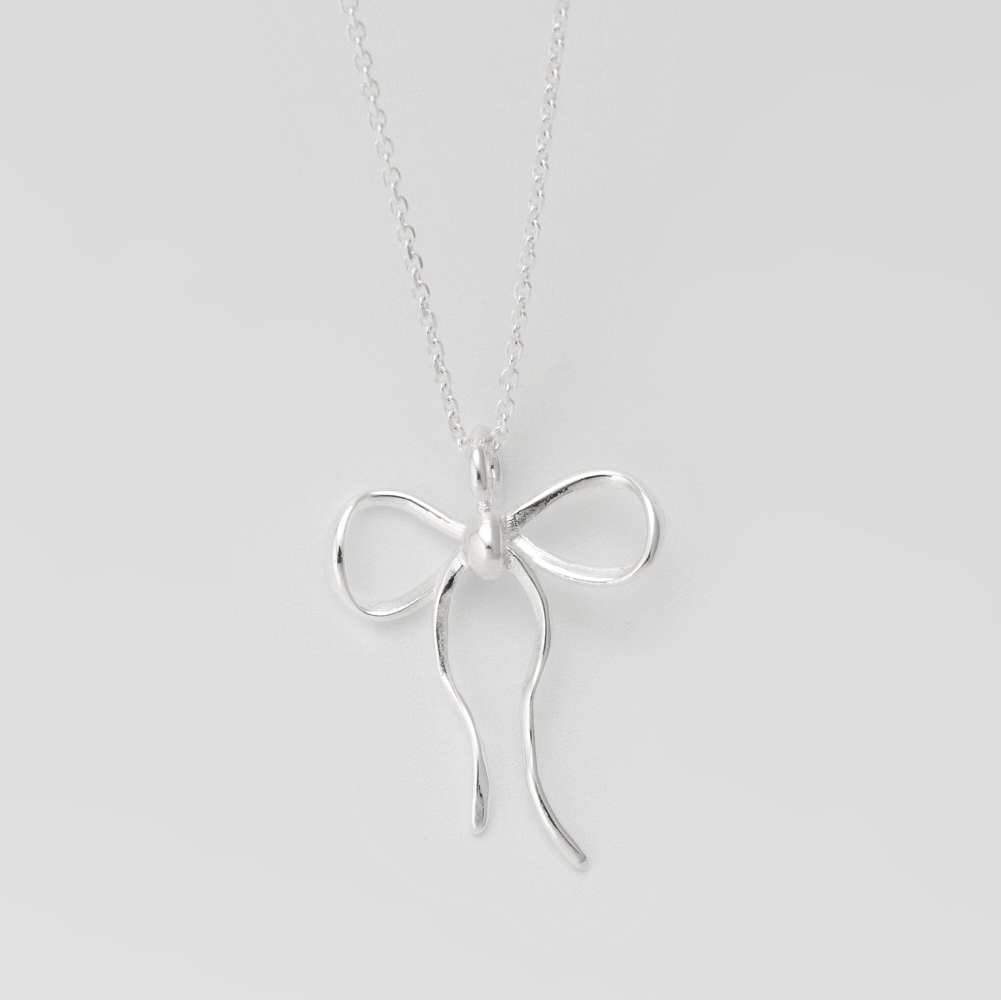 French Bow Charm Necklace, Bow Pendant Necklace, Silver