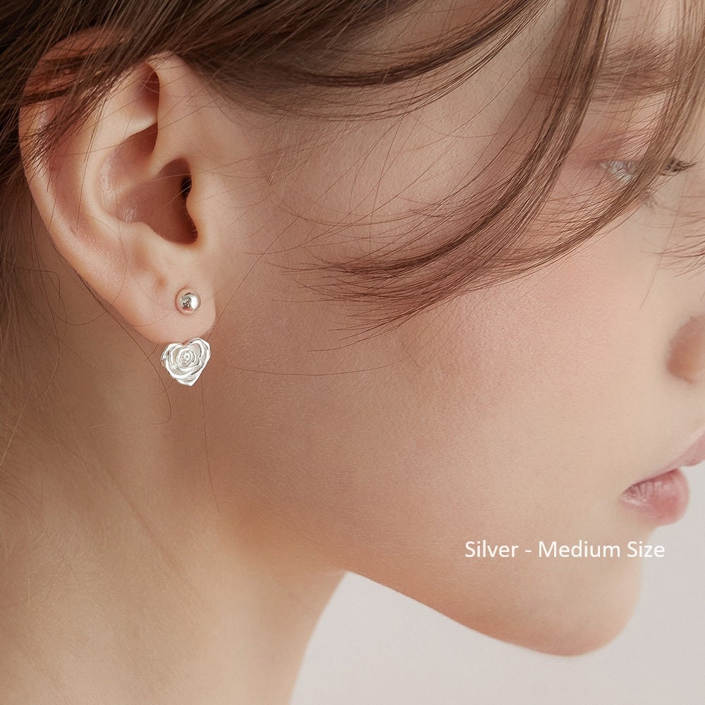 TATIANA■(silver925) rose flower heart earjacket earring Sterling Silver Flower Ear Jacket Earrings, Dainty Heart