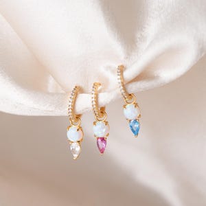 Dainty Opal & Diamond Dangle Earrings,Elegant Opal Huggie Earrings,Minimalist Earrings,Birthstone Earrings,SilverJewelry,Gift for Her(E0195)