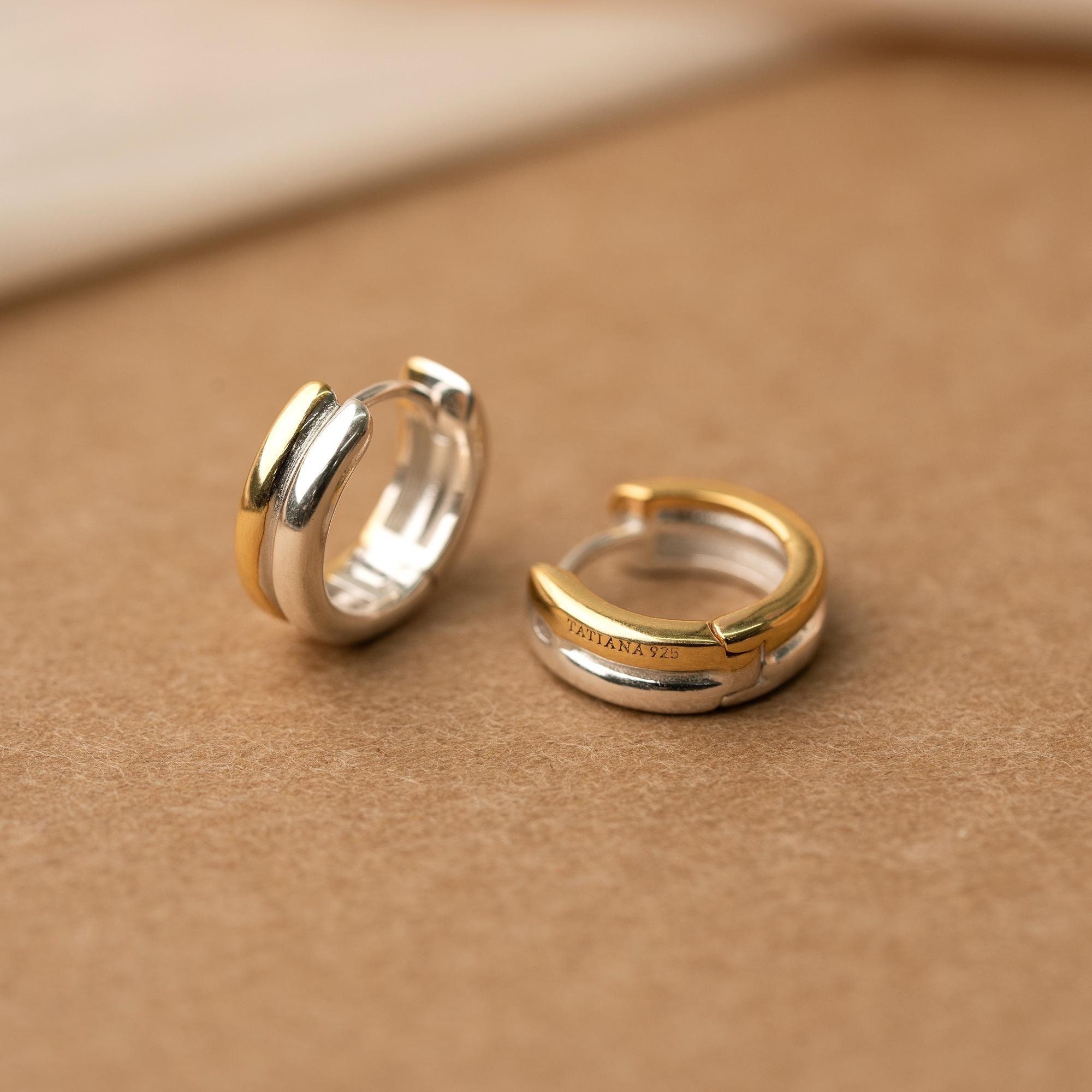 Mixed Metal Huggie Earrings,Double Hoop Earrrings,Two Tone Earrrings,Silver Geometric Jewelry,Minimalist Jewelry,Trendy Gift for Her (E0095)
