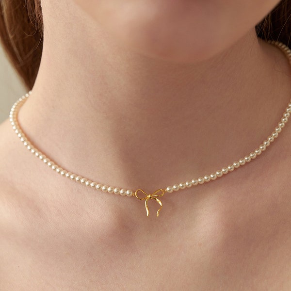 Collier de perles chic avec pendentif noeud, tour de cou élégant en perles avec lien en ruban, collier de breloques ruban, tour de cou classique en perles, cadeau pour elle (NZ2173)