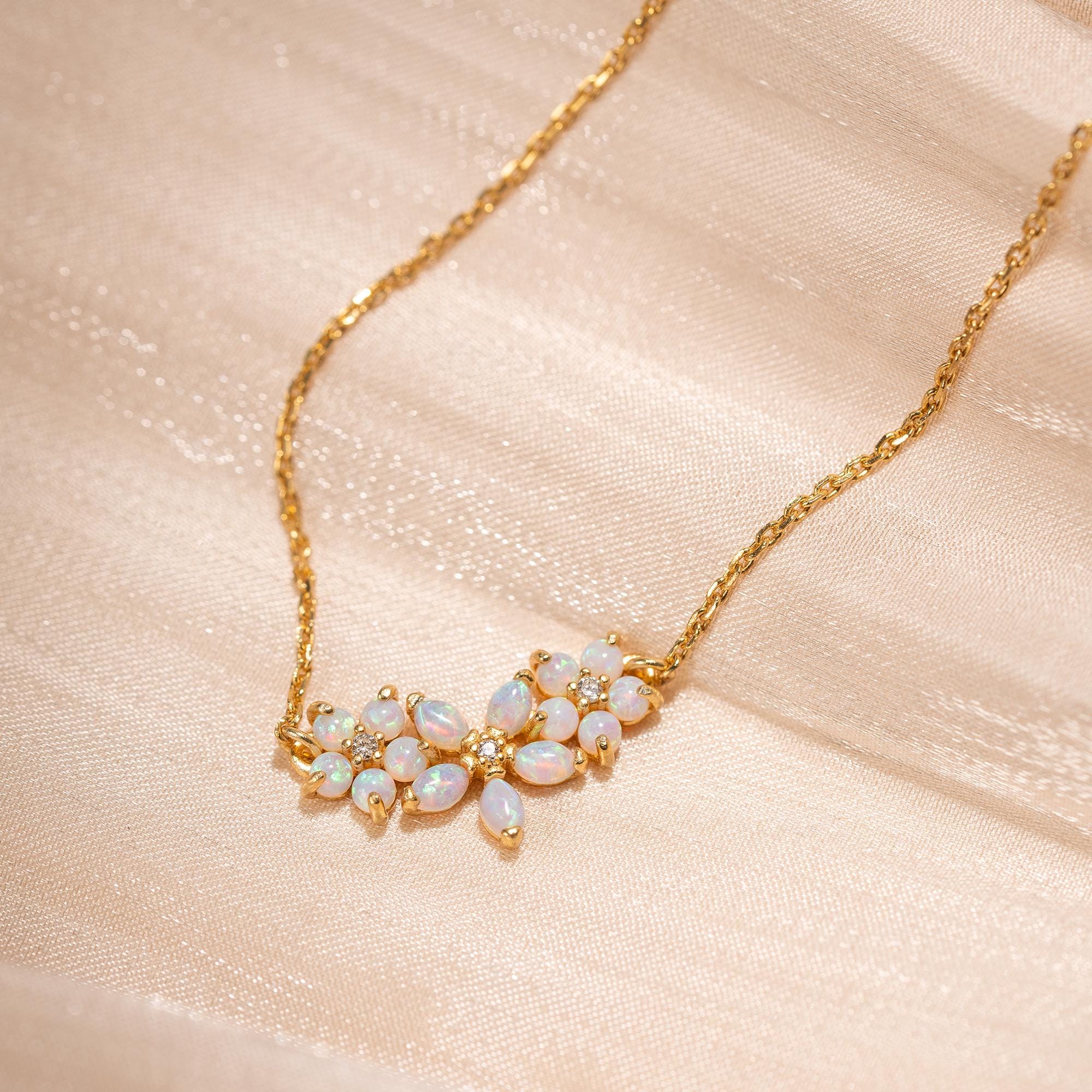 Elegant Opal Flower Necklace,Cluster Flower Necklace,White Opal Necklace,Silver Bridal Jewelry,Floral Jewelry,Wedding Gift (N0008)